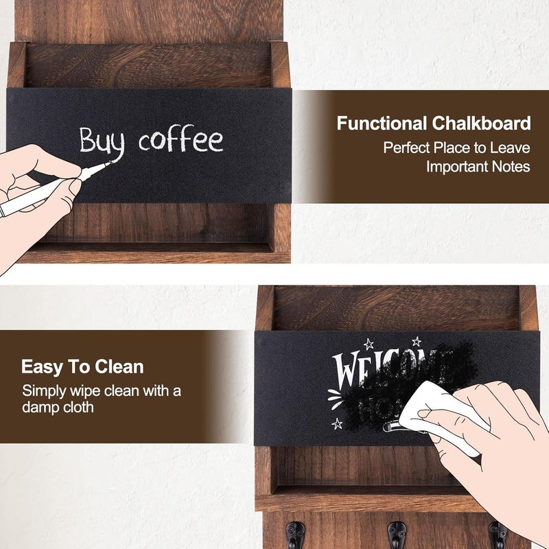 Lucundm Key and Mail Holder for Wall, Key Holder with Chalkboard and Long Storage Box, Key Hanger with 3 Sturdy Hooks for Coat, Dog Leash, Entryway Mail Organizer (Brown) - Image 5